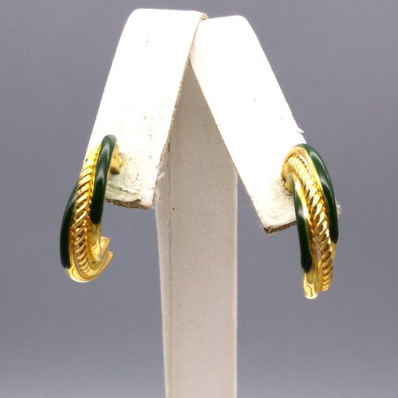 Vintage Enamel Triple Hoop Earrings, Gold Tone and Forest Green - Picture 3 of 4